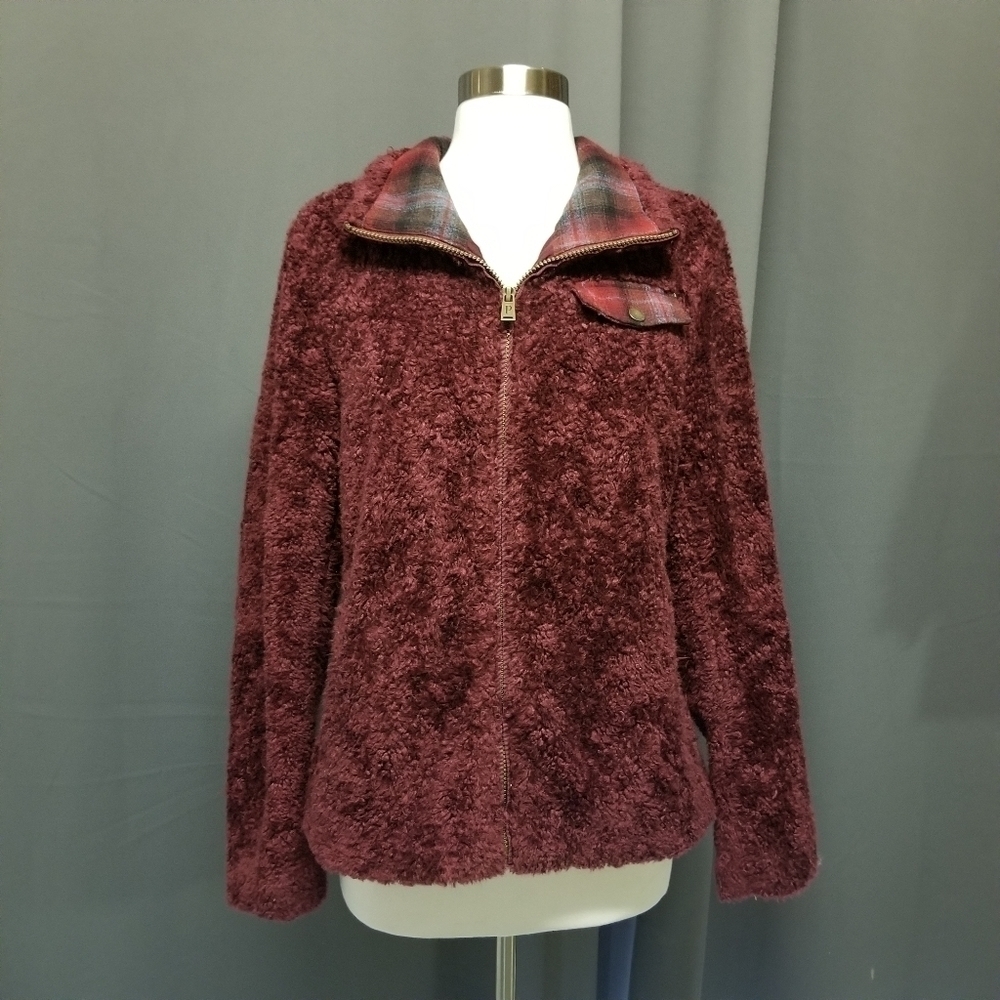 Pendleton Cranberry Wine Cozy Soft‎ Fuzzy Teddy Bear Zip Sweatshirt Small